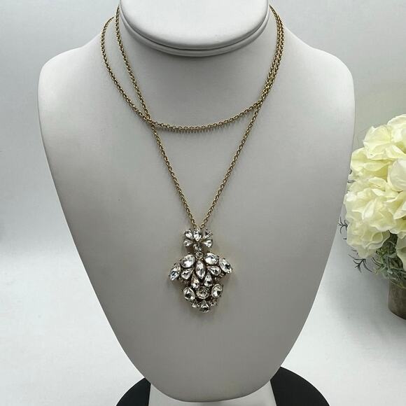 J. Crew Crystal Emblem Cluster Pendant Long Gold Tone Chain Necklace - Picture 1 of 9
